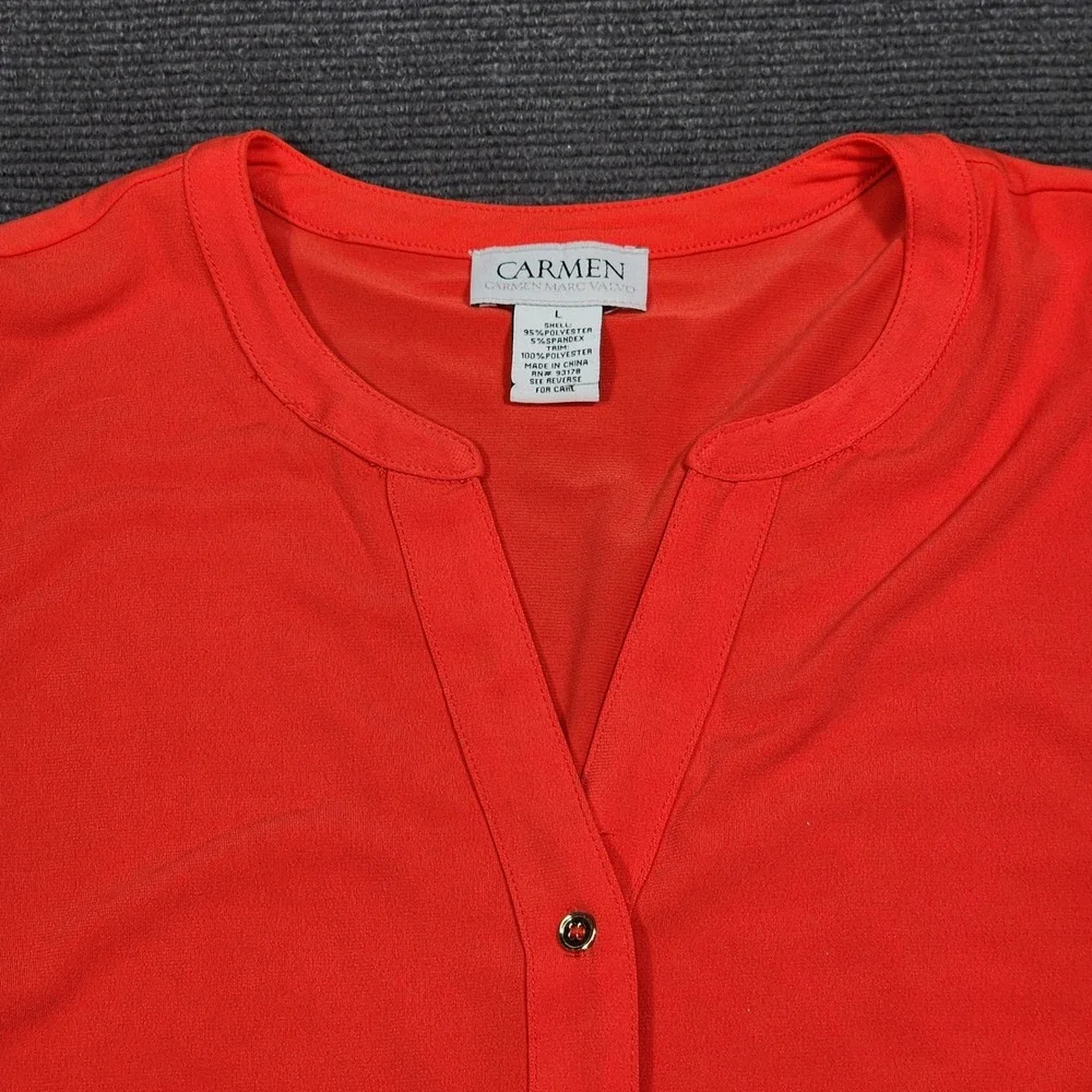 Carmen Marc Valvo Blouse Women Large Red Sheer Hem Button Front Sleeveless - Picture 4 of 8